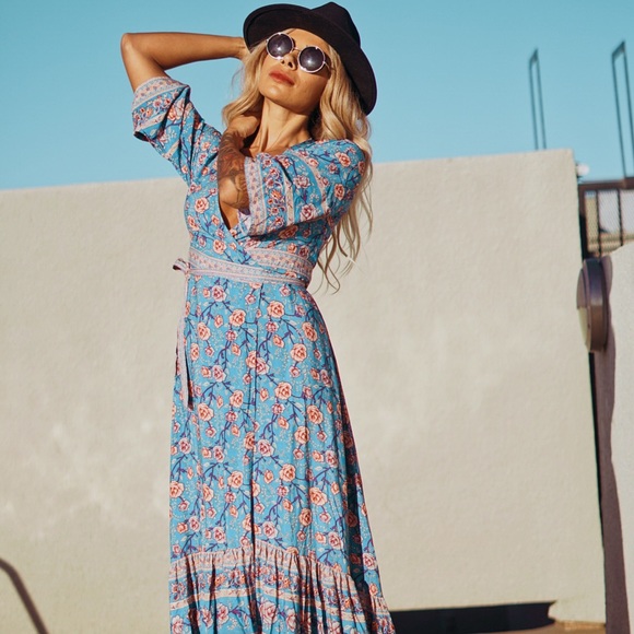 Bohemian Spell Style Blue Kimono Wrap Maxi Dress - Picture 5 of 8